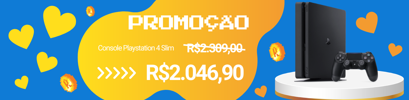 promoção, banner retangular com fundo azul, corações amarelos e laranjas, texto da promoção Playstation 4 de 2309 por 2046, console playstation ao lado direito